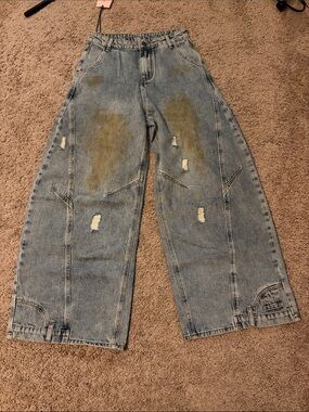 Wide-Leg Distressed Light Blue Jeans
